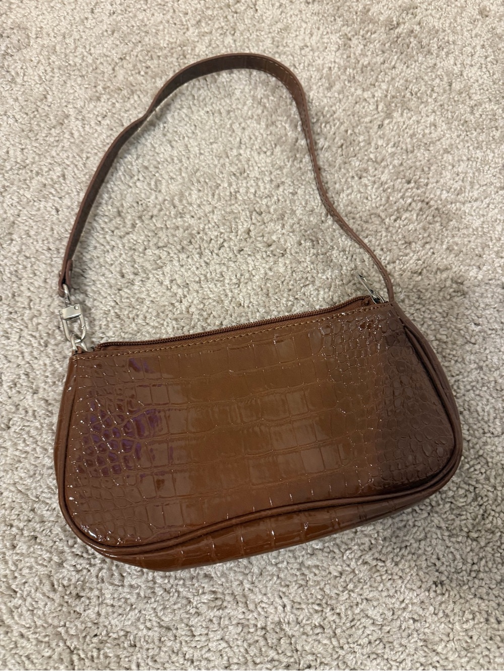 Brown Croc-Embossed Shoulder Bag - Picture 2 of 6
